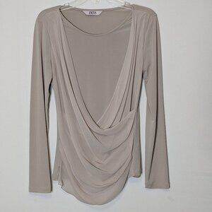 ZETA KAMIRU Elegant Beige Chiffon Faux Wrap Top; Long Sleeves; Size S